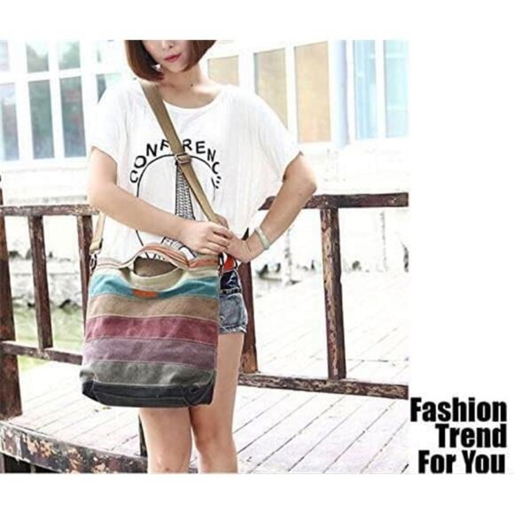 Canvas Handbag Multi-Color Striped Lattice Cross Body Shoulder Purse Bag Tote - Picture 7 of 8